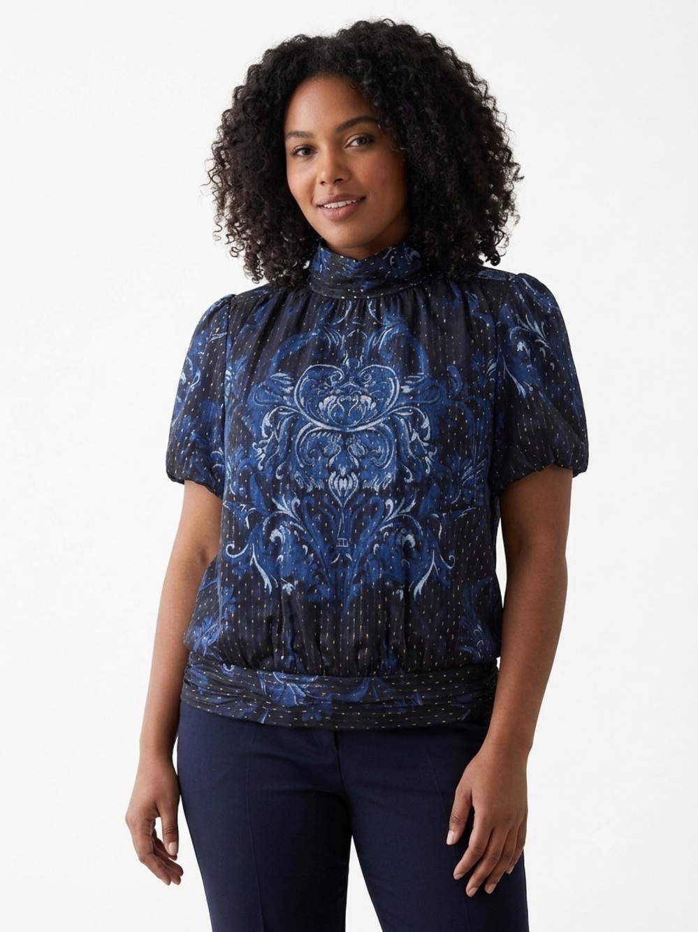 Karl Lagerfeld Paris puff sleeve  Metallic High-Neck Blouse